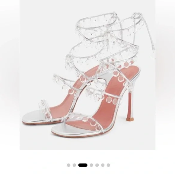 New Amina Muaddi Silver Tina Laceup 105 Stiletto Heels with Crystal Straps - Picture 2 of 10